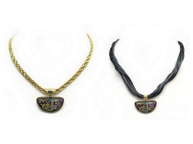 Autre Marque NEW FREY ENAMEL PENDANT + 2 TWISTED CHAIN & BLACK SATIN CORD NECKLACES Golden  ref.685174