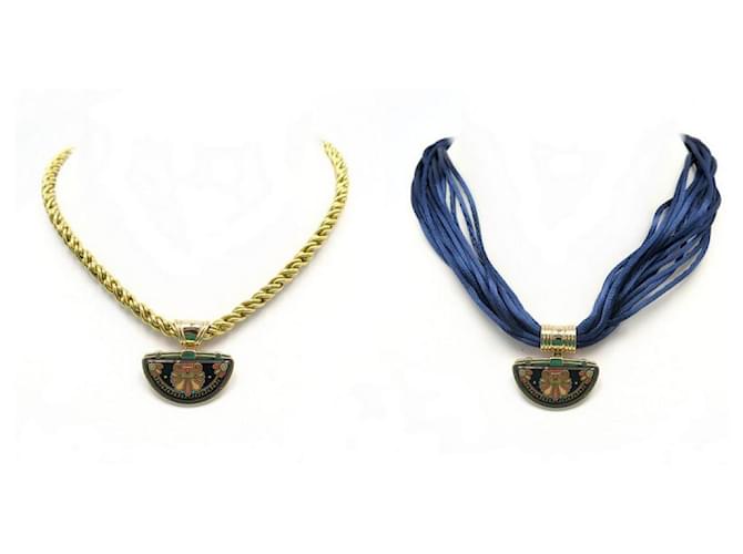 Autre Marque NEW FREY ENAMEL PENDANT + 2 TWISTED CHAIN & BLUE SATIN CORD NECKLACES Golden  ref.685175