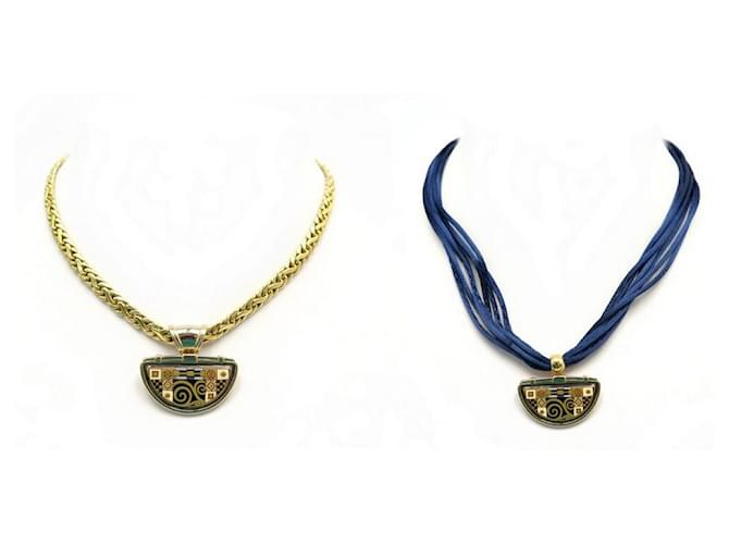Autre Marque NEW FREY ENAMEL PENDANT + 2 TWISTED CHAIN & BLUE SATIN CORD NECKLACES Golden  ref.685176
