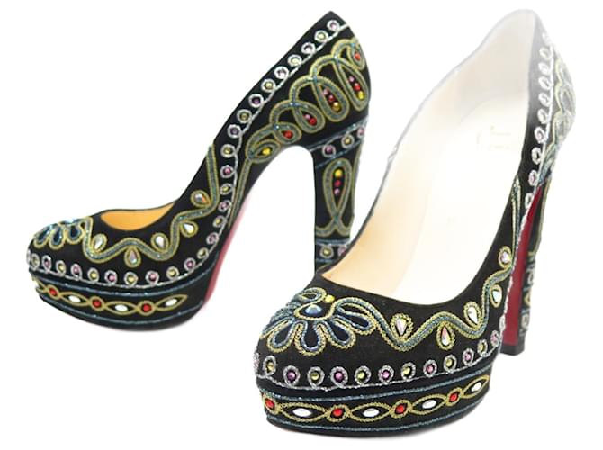 NEW CHRISTIAN LOUBOUTIN DEVIDAS EMBROIDERY SHOES 38.5 ESCAPINS SHOES Black Suede  ref.685186