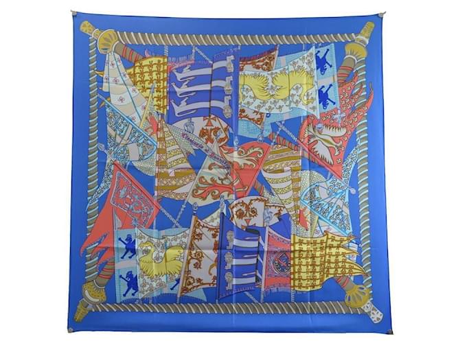 Hermès HERMES SCARF STANDARDS AND BANNERS FAIVRE CARRE 90 SILK BLUE SILK SCARF  ref.685248