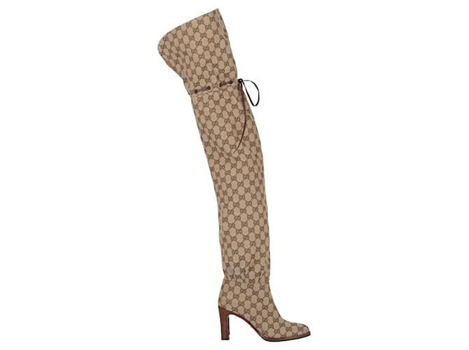 Gucci Gg Canvas Thigh-High Boots Brown Leather  ref.685365