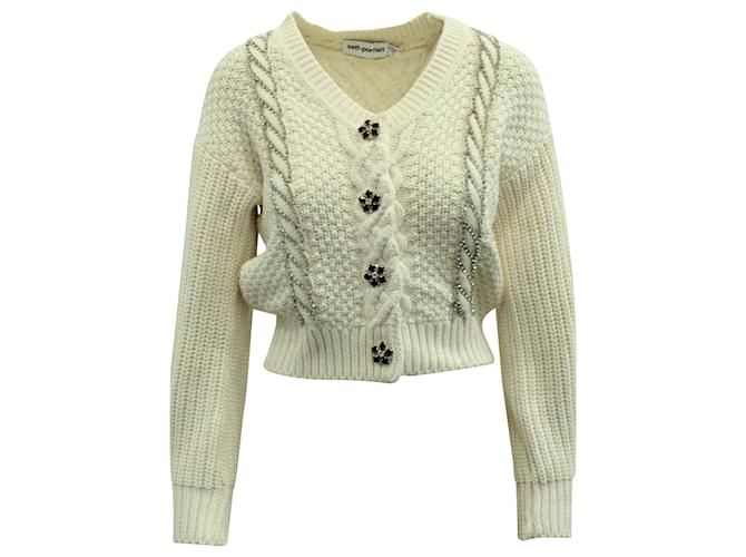 Self portrait Self-Portrait Crystal-Button Cable Knit Cardigan in Ivory Cotton White Cream  ref.685393