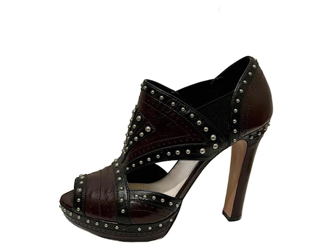 Prada studded high heels with cut outs Brown Black Chocolate Leather  ref.685698