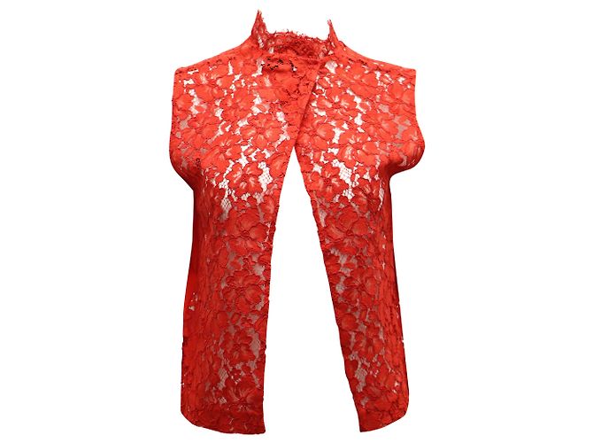 Sandro Paris – Ärmellose Spitzenbluse aus roter Seide