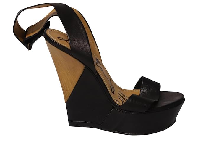 Lanvin Ankle Strap Open-toe Wood Wedge Sandals in Black Leather  ref.686385