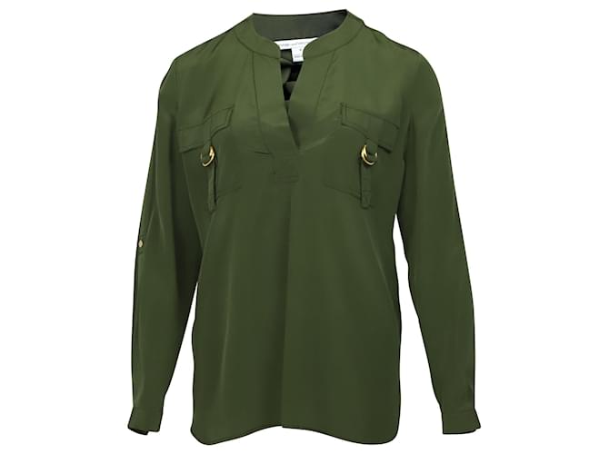 Blusa a tunica a due tasche Diane Von Furstenberg in seta verde Verde oliva  ref.686475