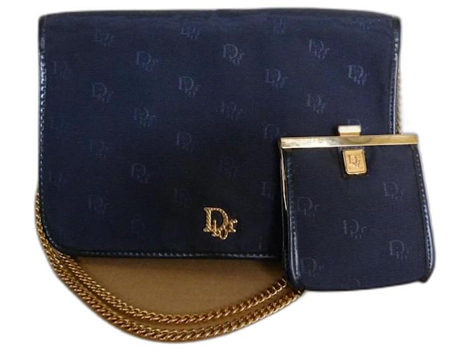 Dior Sacs à main Cuir Toile Bleu Marine Bijouterie dorée  ref.686753