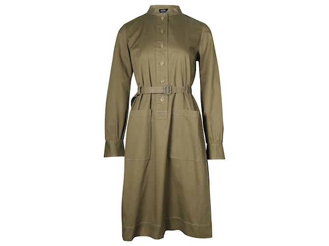 Apc a.P.C. Button Front Belted Dress in Olive Cotton Green Olive green  ref.687024