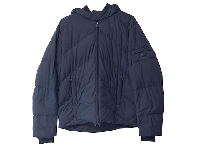 Prada Puffer Quilted Hooded Jacket in Navy Blue Polyester   ref.687297