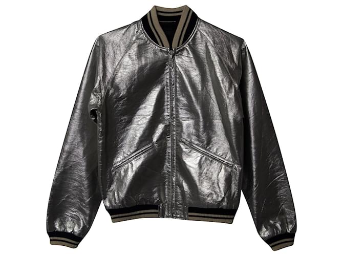 Saint Laurent Teddy Faux-Patent Bomber Jacket in Silver Polyurethane Silvery Plastic  ref.687332