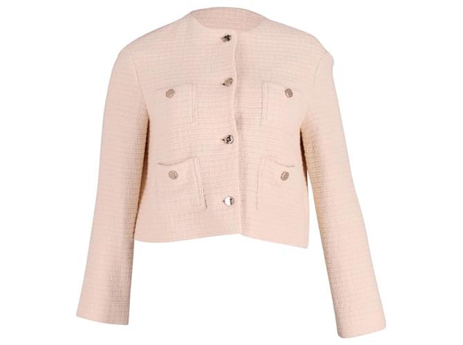 Maje Violi Bouclé Cropped Jacket in Ecru Tweed White Cream Cotton