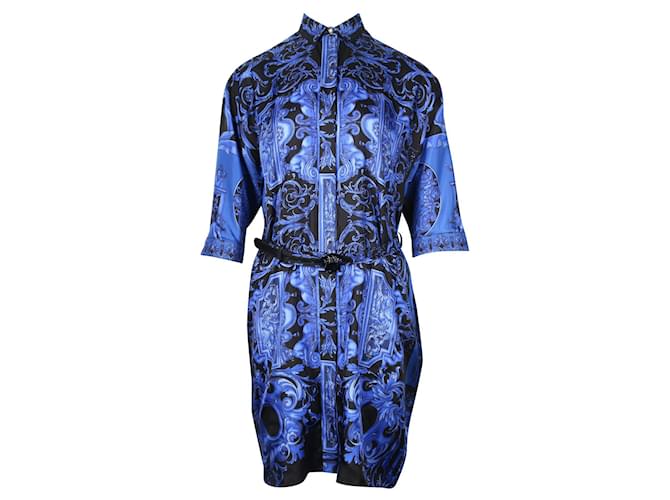 Versace Robe imprimée bleu électrique/noir avec col pointu Soie ref