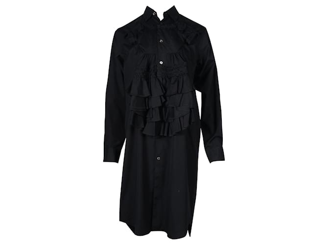 Comme Des Garcons Collared, Ruched & Frilled Black Dress Cotton  ref.687443