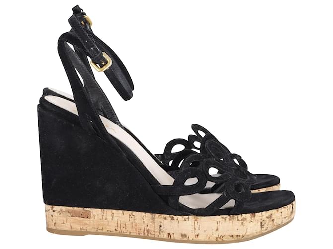 Prada Ankle Strap Wedge Sandals in Black Suede  ref.687589