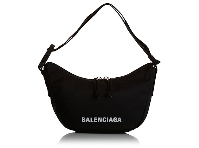 Balenciaga Logo Zip Sling Nylon Hobo Bag Black