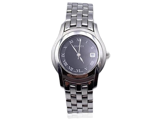 Gucci Silver Stainless Steel Mod 5500 L Wrist Watch Black Dial