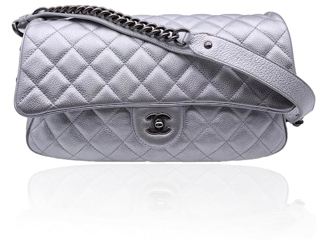 Chanel Airline 2016 Silver Metal Quilted Leather Easy Flap