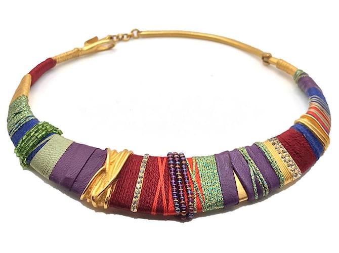 CHRISTIAN LACROIX Vintage Massai inspiriertes vergoldetes starres Halsband Mehrfarben Golden Leder Baumwolle Metall  ref.689728
