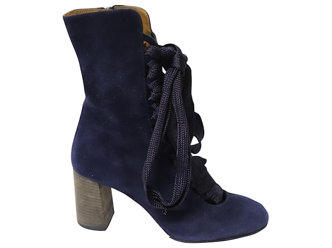 Chloé Chloe Harper Lace Up Boots in Navy Blue Suede  ref.689851