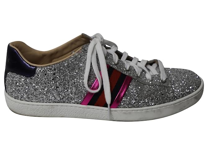 Gucci Ace Glitter Sneakers in Metallic Silver Leather Silvery  ref.689979