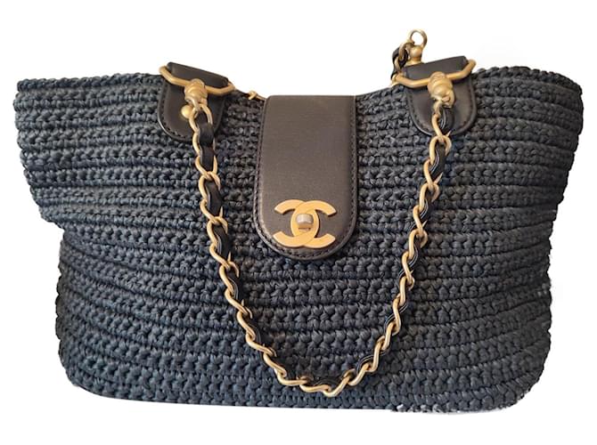 CHANEL Bag Chanel Quilted Raffia and black Cream Shoulder  Tote Bag   Inox Wind