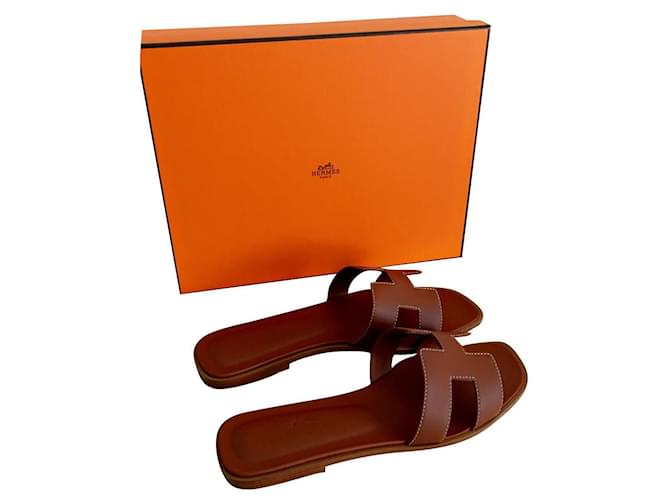 Hermès Oran Hermes-Sandale Karamell Leder  ref.690209