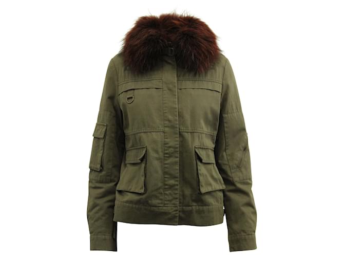 Yves Salomon Fur Lined Utility Jacket in Green Cotton Olive green  ref.690728