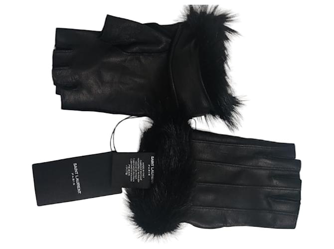Saint Laurent leather gloves Black Cashmere  ref.691329