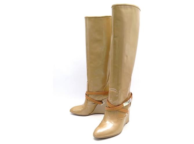 SHOES BOOTS LOUIS VUITTON 36.5 BEIGE PATENT LEATHER WEDGE BOOTS