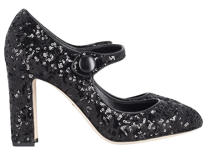 Dolce & Gabbana Sequined Mary Jane Pumps in Black Leather   ref.691531