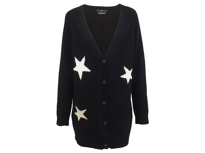 SET Cárdigan extragrande de lana angora de Italia estampado de estrellas negro L Blanco Metálico