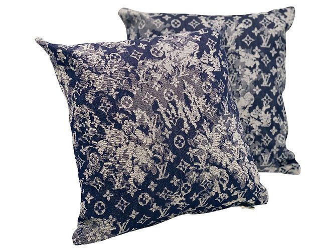 2 cuscini tessuto originale Louis Vuitton denim monogram Blu