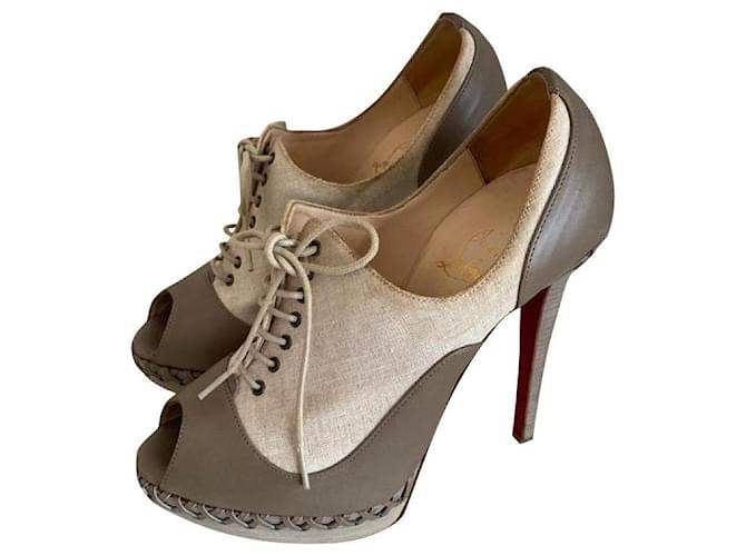 Christian Louboutin bottines Cuir Toile Beige Gris Gris anthracite  ref.692530