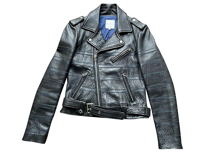 Giacca biker Each X Other in pelle nera e blu notte Nero Blu scuro