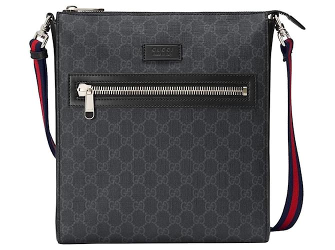 Gucci GG Supreme canvas shoulder bag Black Dark grey Leather  ref.692544