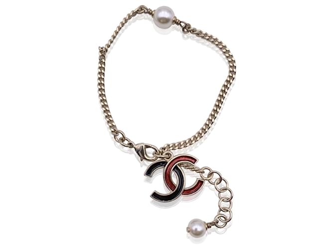 Chanel Light Gold Metal Black and Red Enamel CC Logo Chain