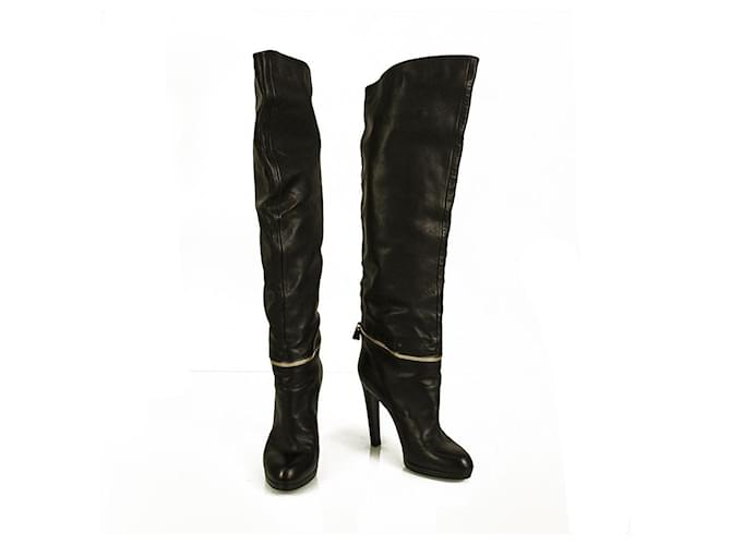 Sergio Rossi Black Leather Faux Zipper Knee Boots High Heels Shoes size 40  ref.693302