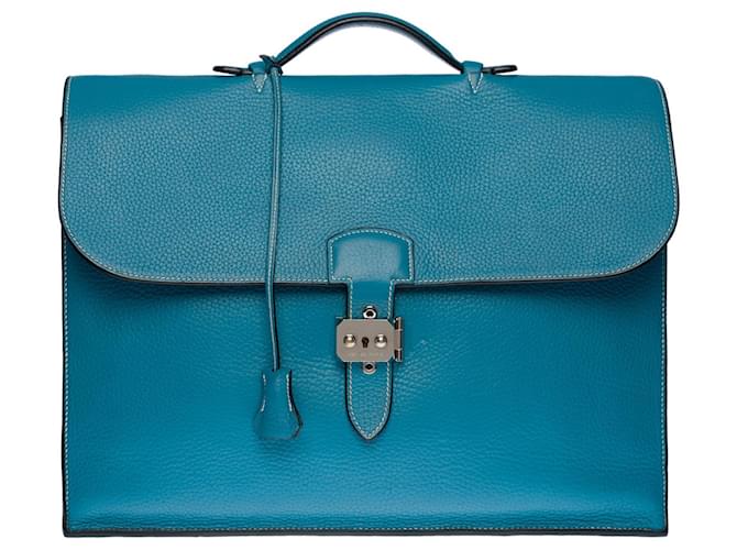 Sac à dépêches Splendid and very chic Porte-Documents Hermès Dispatch bag in blue Togo leather jeans with white stitching  ref.693444