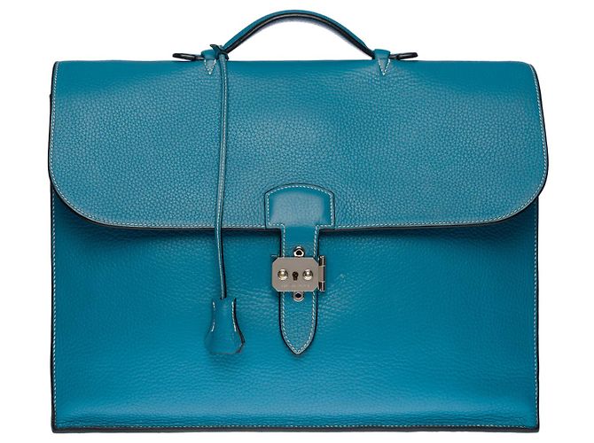 Sac à dépêches Splendida e molto chic borsa Porte-Documents Hermès Dispatch in pelle jeans Togo blu con impunture bianche