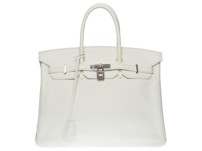 Splendida borsa a mano Hermès Birkin 35 cm in pelle Taurillon Clémence bianca Bianco  ref.693487