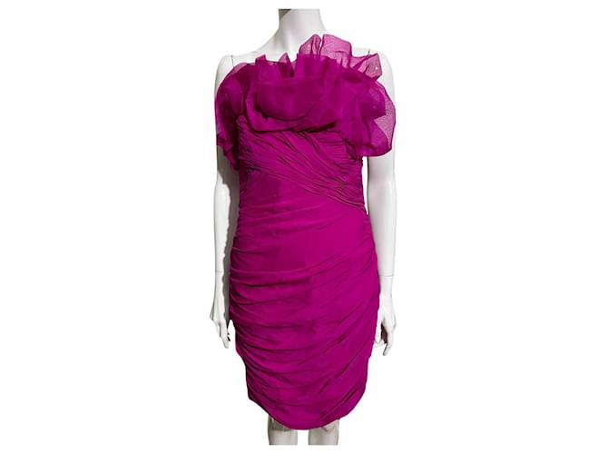 Marchesa Strapless fuchsia silk dress Pink  ref.693492