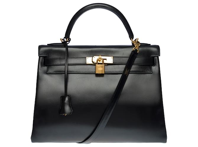 Hermès Impressionante bolsa Hermes Kelly 32 alça de ombro devolvida (dados alinhados) couro caixa preta Preto  ref.693816