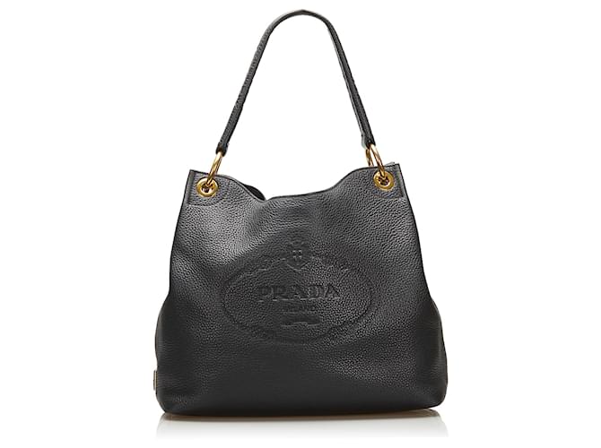 Prada Black Canapa Logo Vitello Phenix Shoulder Bag  Leather Pony-style calfskin  ref.694076