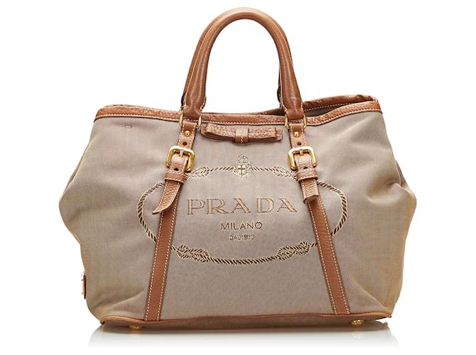Bolso satchel marrón con logo de Prada Canapa Castaño Beige Lienzo Paño  ref.694141