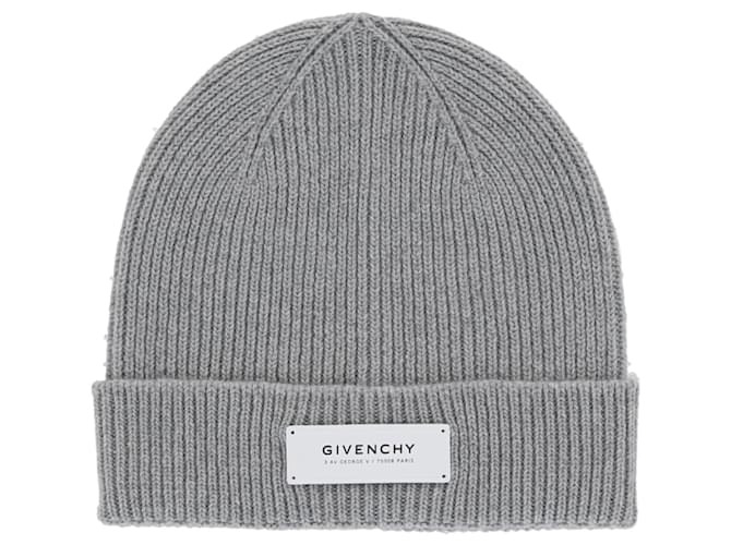 Givenchy Ribbed Wool Patch Beanie Grey  ref.694519
