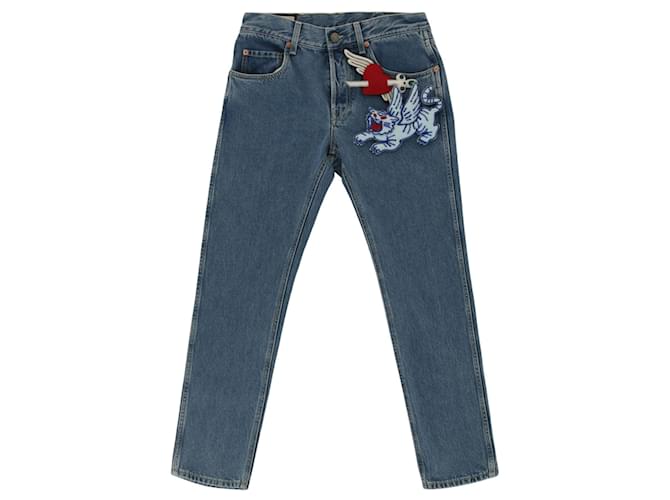 Embroidered Tapered Jeans Blue Cotton ref.694697 - Joli Closet