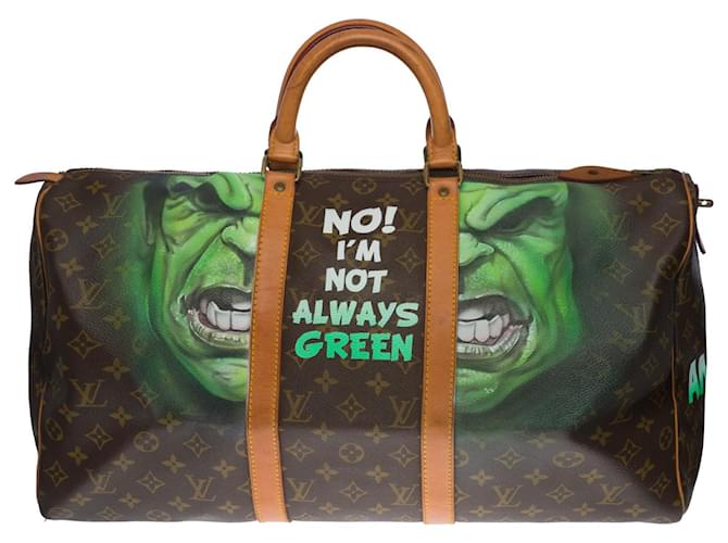 Eccezionale borsa da viaggio Louis Vuitton Keepall 50 cm in tela monogram marrone e pelle naturale personalizzata "Angry Hulk"  ref.695203