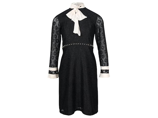 Sandro Ribbon Neck Lace Dress in Black Polyester  ref.695882