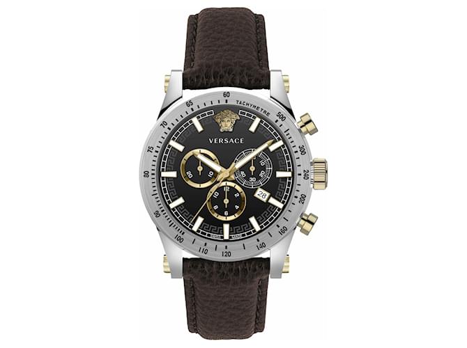 Versace Chrono Sporty Leather Watch Silvery Metallic  ref.695889